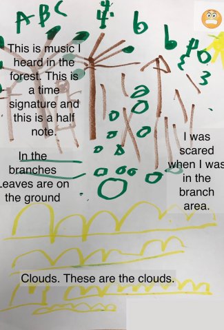 Child's drawing: This is music I heard in the forest. This is a time signature and this is a half note. Clouds. I was scared when I was in the branch area.