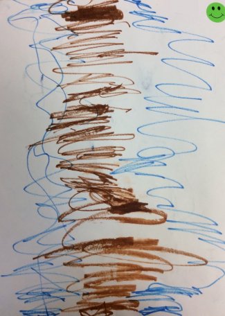 Child's drawing: blue and brown scribbles