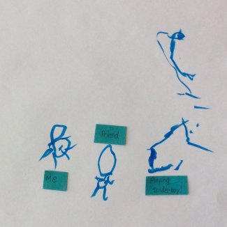 Child's drawing: me, friend, playing spider boy