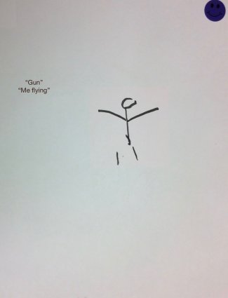 Child's drawing: Me flying, gun