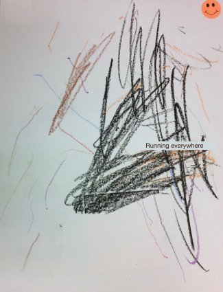 Child's drawing: black scribbles (running everywhere)