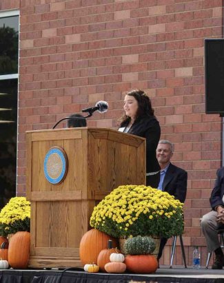 Rosalyn Madsen, SDSU precision agriculture student, speaks at the Raven Precision Agriculture Center Grand Opening Ceremony.