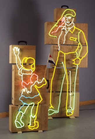 Willem Volkersz, "Canadian Hero," 1995, neon, wood, found objects