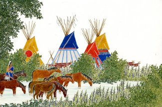 Paul Goble, illustration from "Lone Bull's Horse Raid," 1973; Watercolor and ink painting of a horse drinking from the river. South Dakota Art Museum 1995.01.002J