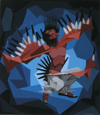Oscar Howe, "Eagle Dancer," casein on paper, 1953-1957 South Dakota Art Museum Collection, 1980.05.02 Transfer from the Bureau of Indian Affairs © Oscar Howe Family