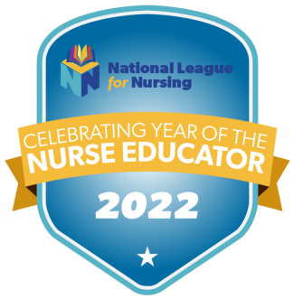 Nationa Leafue for Nursing Celebrating Year of the Nurse Educator 2022. Yellow and blue badge with logo and star. 
