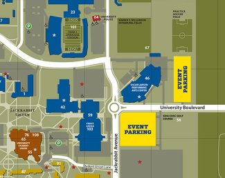 Campus map showing available parking lots to use for Senior Day.