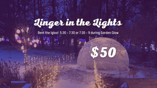Linger in the Lights. Rent the igloo! 5:30 -7:30 or 7:30-9 during Garden Glow. $50 