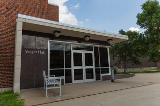Exterior of Yeager Hall showing name on the building