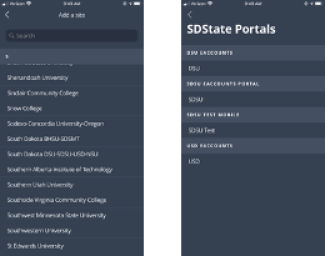 eAccounts app with the site search and sdstate portals screens
