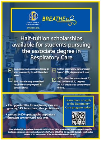 A flyer from BREATHE-SD advertises half-tuition scholarships available for students pursuing an associate degree in respiratory therapy.