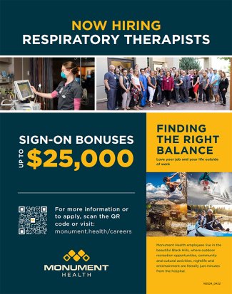 A Monument Health flyer advertises $25,000 sign-on bonus for respiratory therapists.
