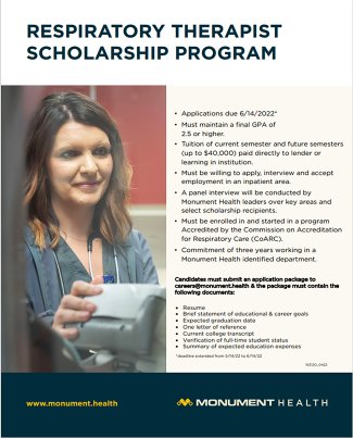 A flyer from Monument Health advertises its respiratory therapist scholarship program.
