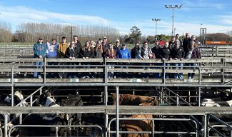 SDSU students pose on a catwalk with Geoff at Temuka Sales in New Zealand.