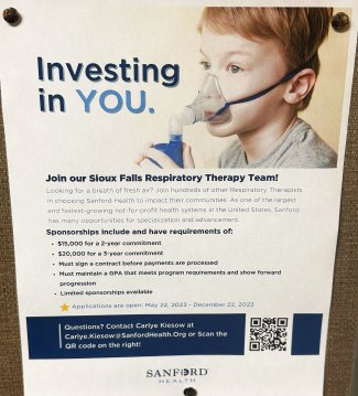 A Sanford Health flyer details incentives for those who join its Sioux Falls respiratory therapy team, including sponsorships of $15,000 for a two-year commitment and $20,000 for a three-year commitment.