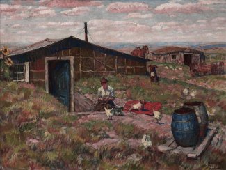 Painting of a rural farmhouse from the Howard Pyle and Harvey Dunn: Teacher and Student exhibit
