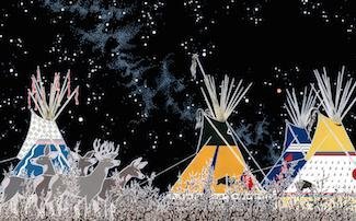 Painting of teepees at night from the Illustrations by Paul Goble: Under the Blanket of Night exhibit.