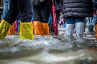 People wading in water while wearing plastic bags on their feet.