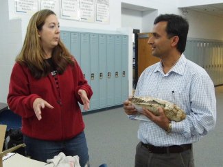 Sesseton Middle School Principal Tammy Meyer talking with Madhav Nepal