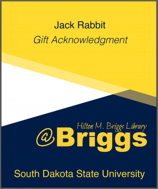 "Digital bookplate example: Jack Rabbit Gift Acknowledgment, Briggs Library, SDSU"